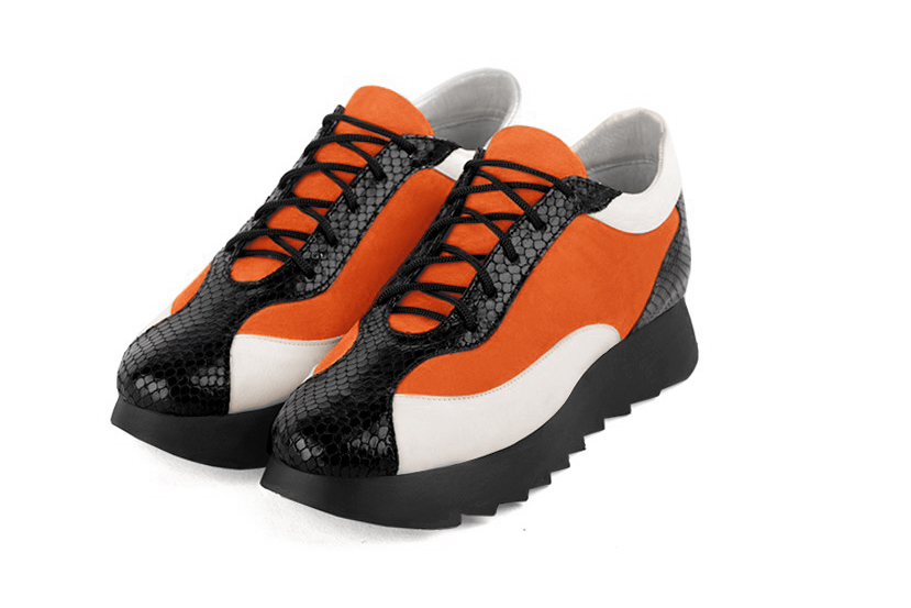 Satin black, clementine orange and off white women's elegant sneakers. Round toe. Low rubber soles. Front view - Florence KOOIJMAN